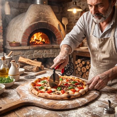 Couteau à pizza utilisé par un homme en cuisine qui coupe une pizza