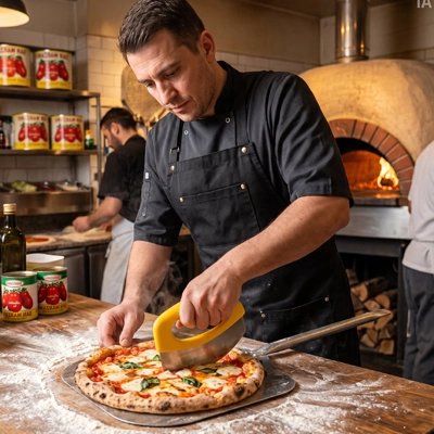 Couteau à pizza utilisé par un homme en cuisine