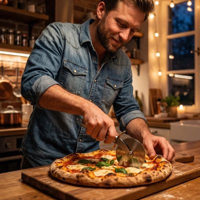 Couteau à pizza utilisé par un homme en cuisine