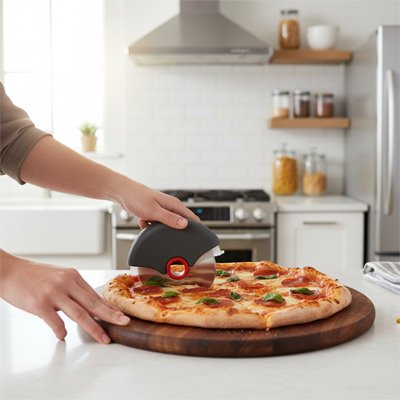 Couteau à pizza utilisé par un homme pour découper une pizza