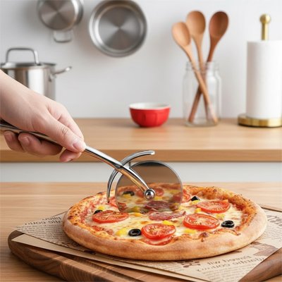 Couteau à pizza utilisé par un homme qui coupe une pizza