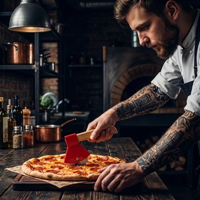 Couteau à pizza utilisé par un homme qui découpe une pizza en parts égales