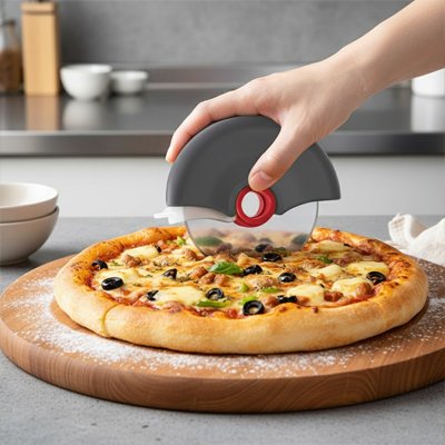 Couteau à pizza utilisé par une femme en cuisine