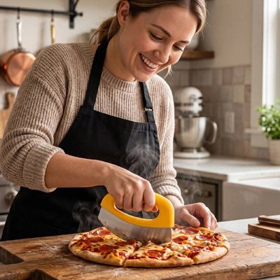 Couteau à pizza utilisé par une femme en cuisine