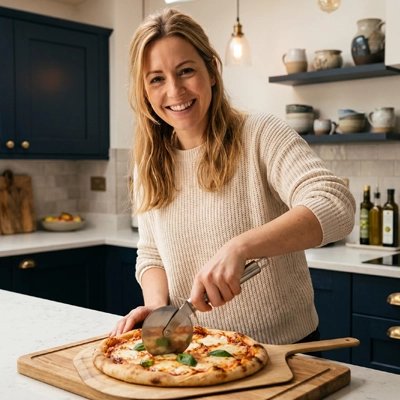 Couteau à pizza utilisé par une femme qui découpe une pizza