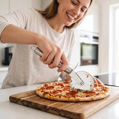 Couteau à pizza utilisé par une femme qui sourit en découpant une pizza