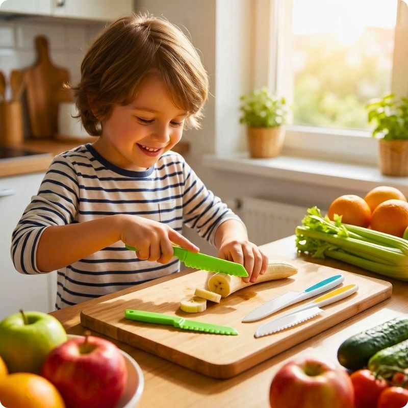 couteau enfant mon p'tit chef'ine utilisé par une garçon pour couper légumes