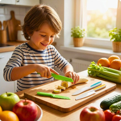 couteau enfant mon p'tit chef'ine utilisé par une garçon pour couper légumes