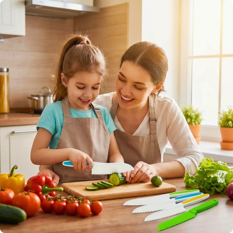 couteau enfant mon p'tit chef'ine utilisé par maman et fille pour couper legumes