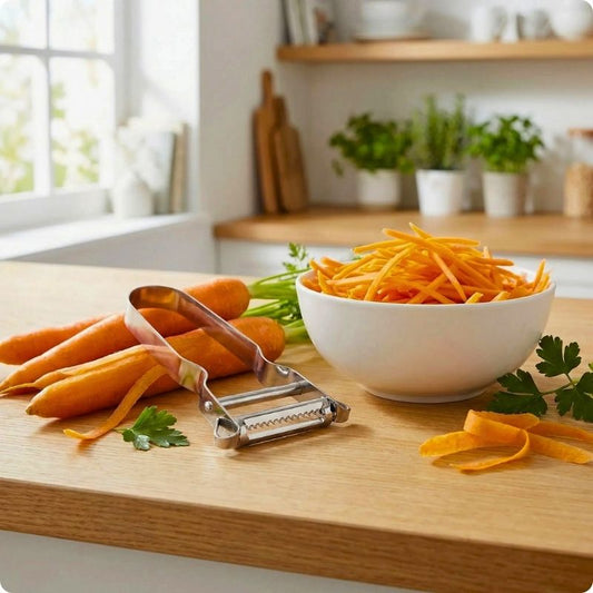 econome a julienne posé à cheval sur une planche et des carottes