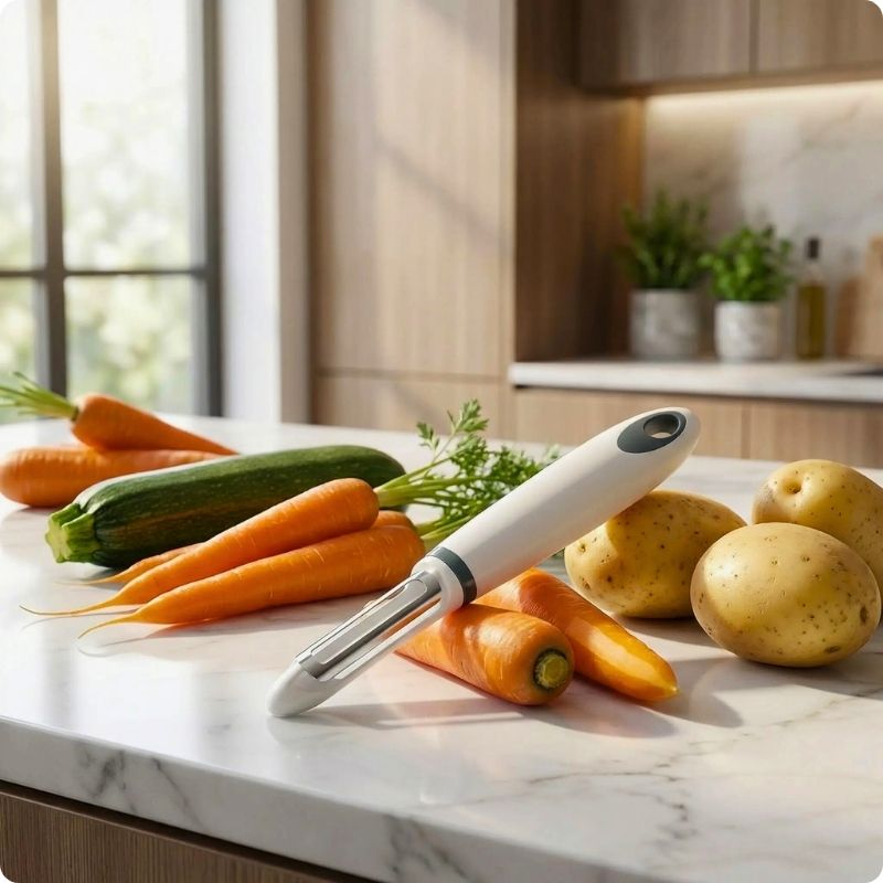 Économe couteau précis ergo blanc et noir sur carottes