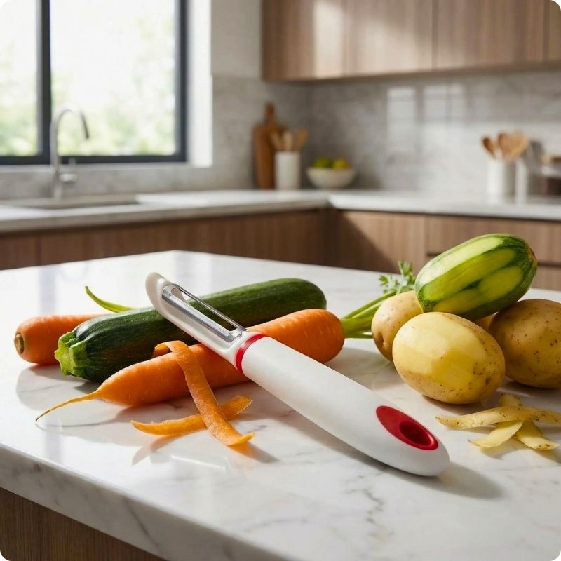Économe couteau précis ergo blanc et rouge sur table