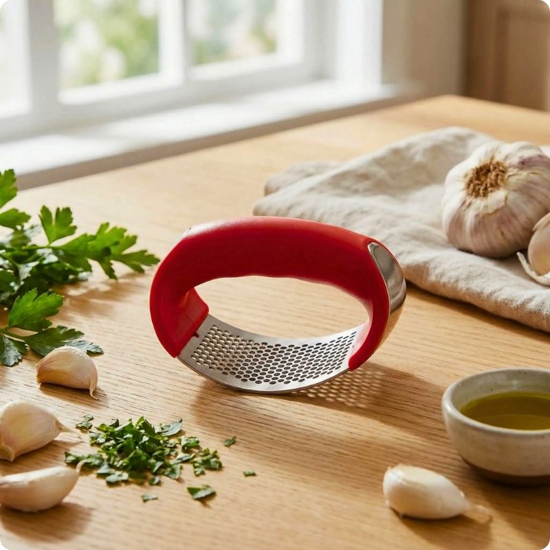 Ecraseur d'ail bascule broy'ine rouge sur table
