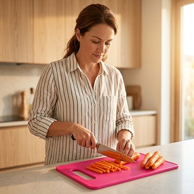 Ensemble de planches à découper colorées, femme qui utilise la planche à découper rose