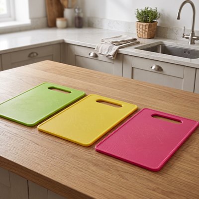 Ensemble de planches à découper colorées posées sur une table