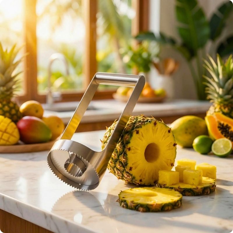 Épluche ananas tropicup'ine posé sur un ananas