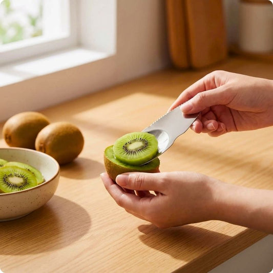 epluche kiwi confort'ine utilisé pour éplucher un kiwi au-dessus d'un plan de travail