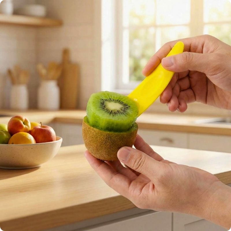 epluche kiwi tenu d'une main récupérant pulpe kiwi