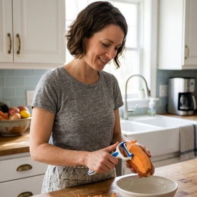 Éplucheur à légumes blanc et bleu utilisé pour éplucher une patate douce