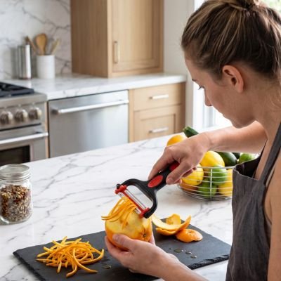 Éplucheur à légumes noir et rouge utilisé par une femme qui épluche en julienne