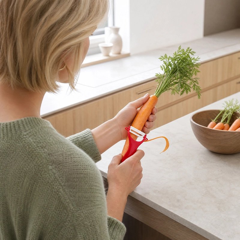 Éplucheur à légumes nova'ine rouge utilisé pour éplucher une carotte