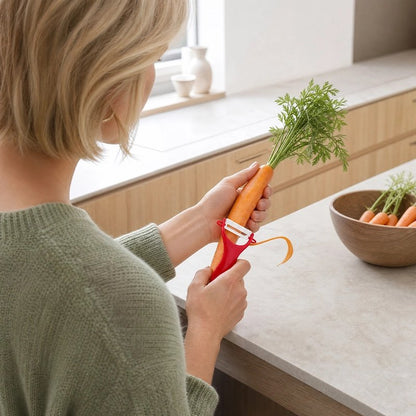 Éplucheur à légumes nova'ine rouge utilisé pour éplucher une carotte