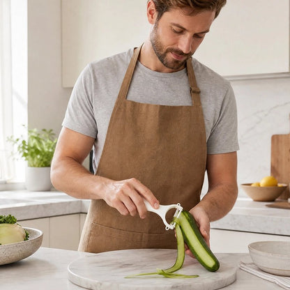 Éplucheur à légumes nova'ine utilisé par une homme qui épluche une courgette
