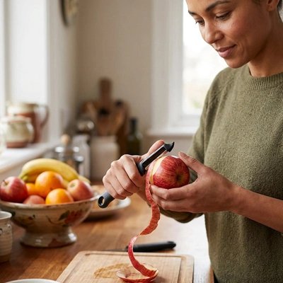 Éplucheur à légumes utilisé par une femme qui épluche une pomme