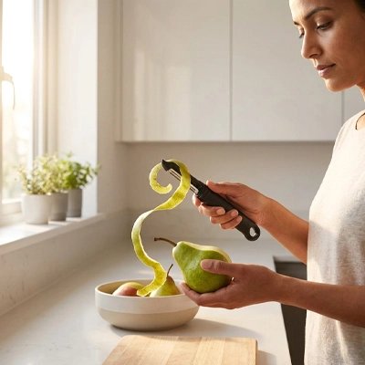 Éplucheur à légumes utilisé par une femme qui épluche une poire