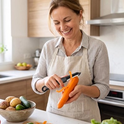 Éplucheur à légumes utilisé par une femme qui épluche une carotte