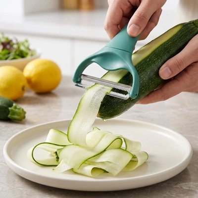 Éplucheur à légumes utilisé pour éplucher une courgette