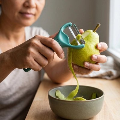 Éplucheur à légumes utilisé pour éplucher une poire