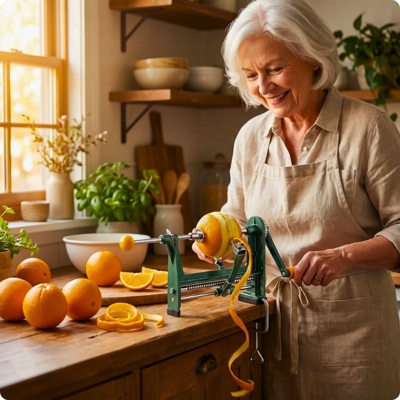 éplucheur à pommes pomm'ine utilisé par une grand mère pour éplucher une orange