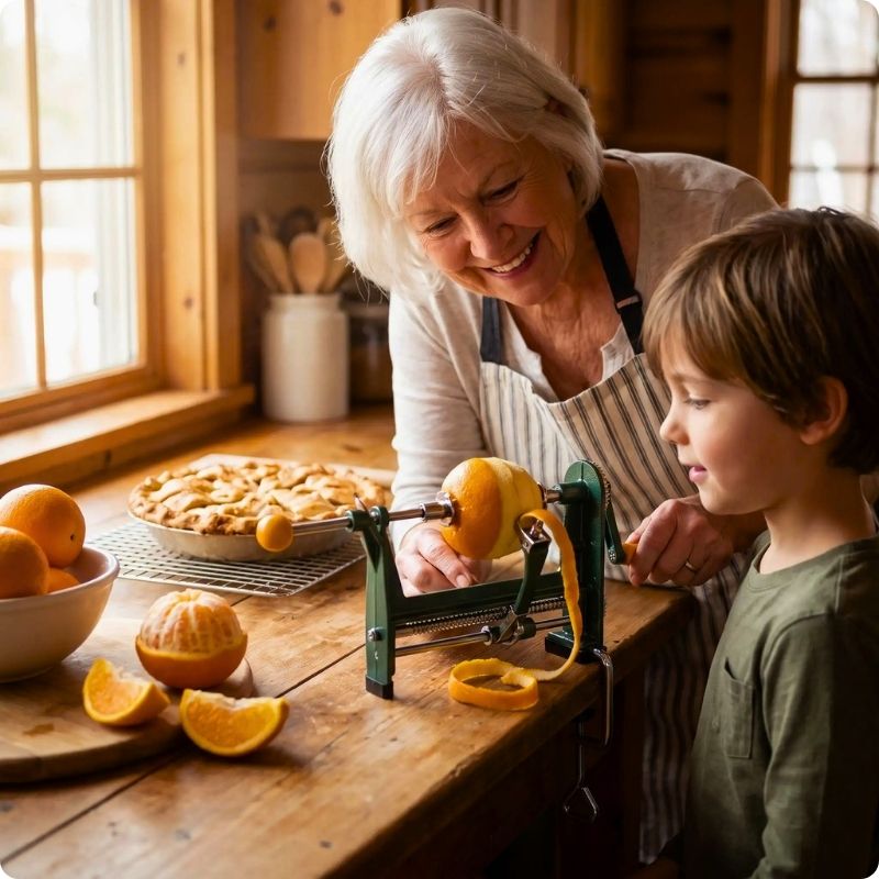 éplucheur à pommes pomm'ine utilisé par grand mère et son petit fils pour éplucher une orange
