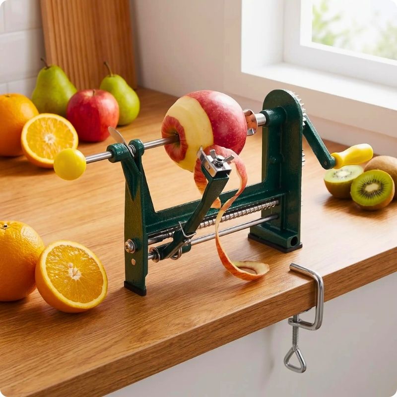 éplucheur à pommes pomm'ine posé sur une table avec une pomme