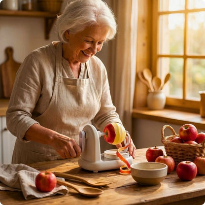 éplucheur de pommes pel'ine utilisé par une grand-mère pour éplucher une pomme