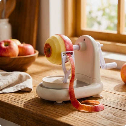 éplucheur de pommes pel'ine posé sur table avec une pomme à moitié épluchée