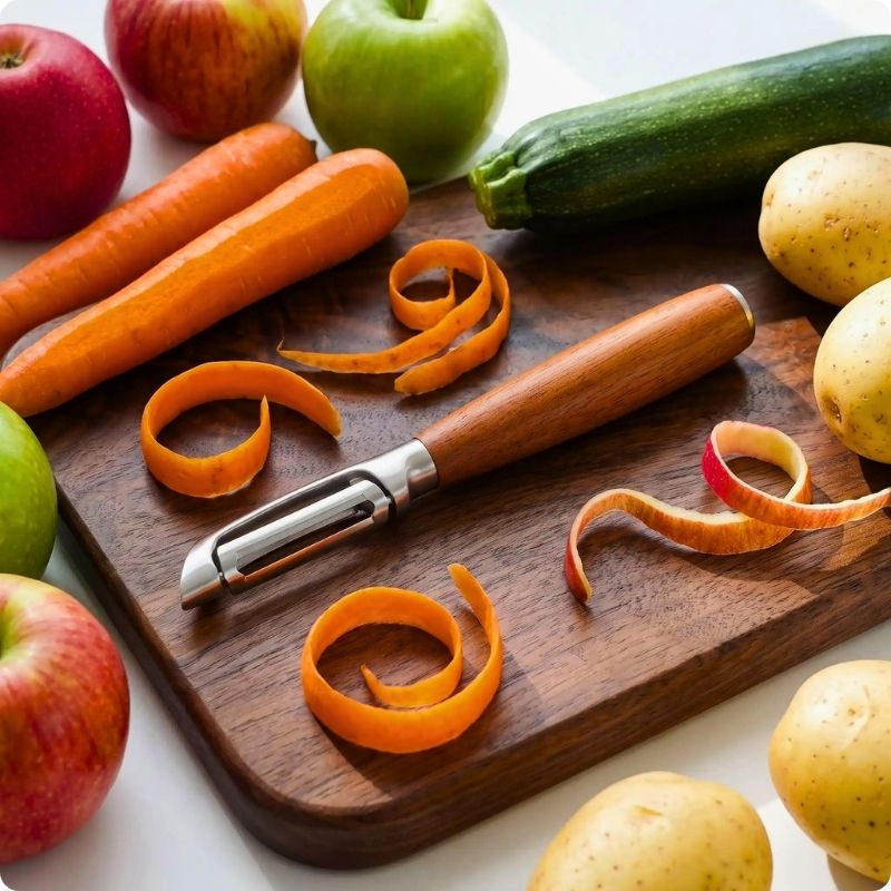 eplucheur de pomme de terre posé sur une planche