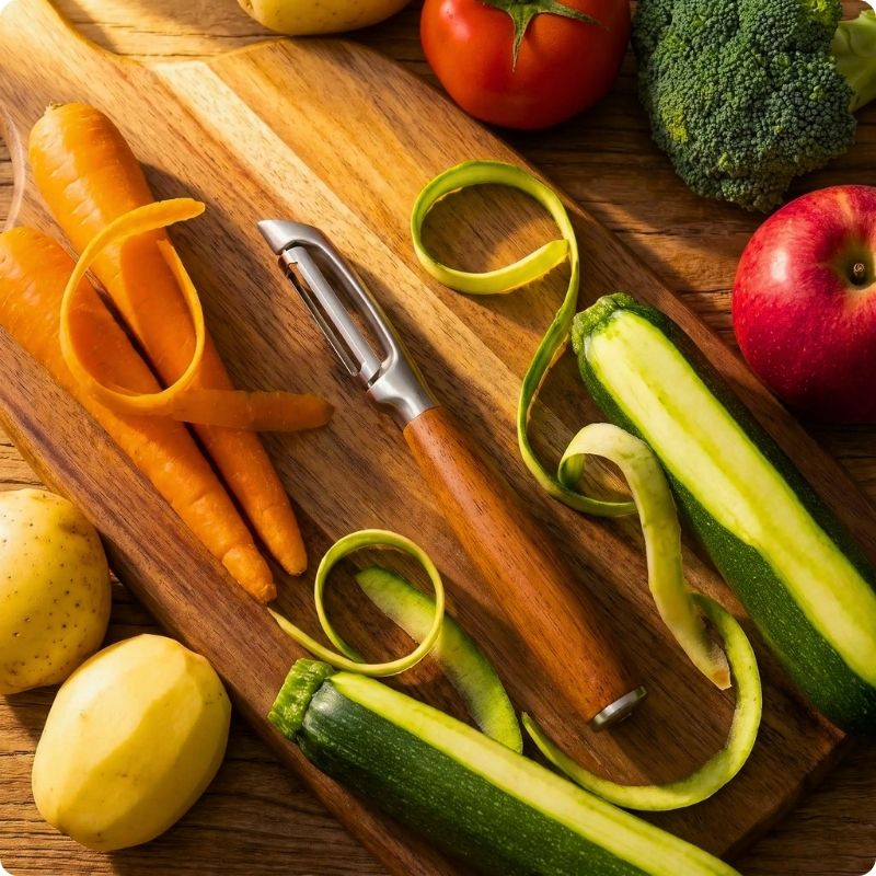 eplucheur de pomme de terre posé sur une planche entouré d'épluchure de légumes