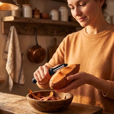 Eplucheur utilisé par une femme qui épluche une patate douce