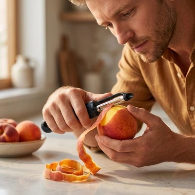 Eplucheur utilisé par une homme qui épluche une pomme