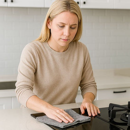 Essuie main passé sur plaque de cuisson par femme