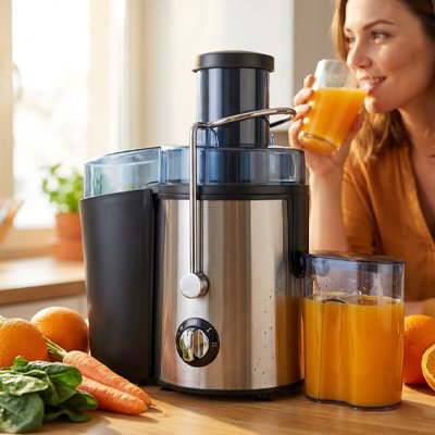 Extracteur de jus centrifugeuse avec une femme qui boit un jus d'orange frais