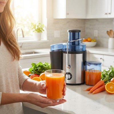 Extracteur de jus centrifugeuse avec une femme qui présente un jus d'orange frais dans ses mains