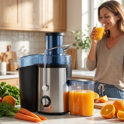Extracteur de jus centrifugeuse avec une femme qui boit un jus de fruits vrai