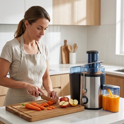 Extracteur de jus centrifugeuse utilisé par une femme qui découpe des légumes et fruits