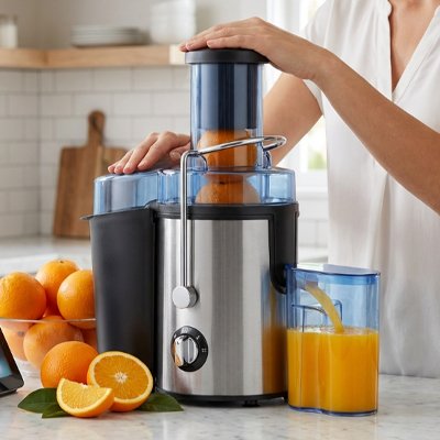 Extracteur de jus centrifugeuse utilisé par une personne qui mixe des orange