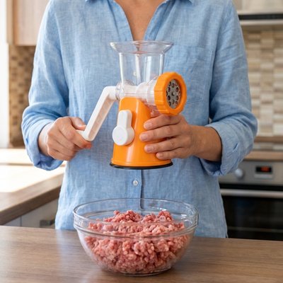 Femme en cuisine qui présente le hachoir à viande manuel 