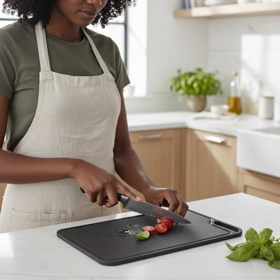 Femme qui coupe des tomates cerises sur une planche pour cuisine