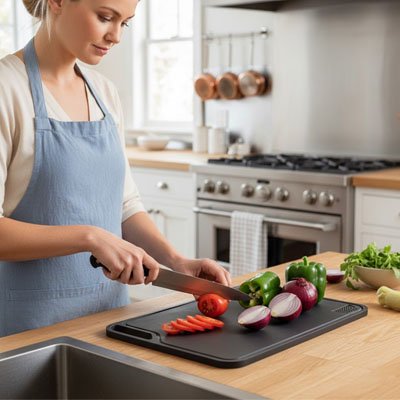 Femme qui découpe des légumes sur une planche pour cuisine 